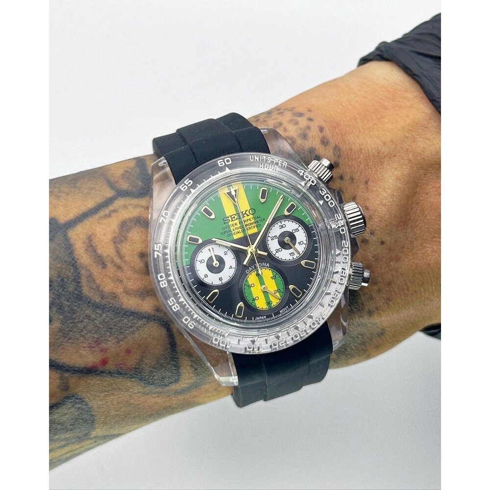 Custom Seiko Mod • Clear Plastic Racing Green Daytona Quartz Chronograph • 39.5mm